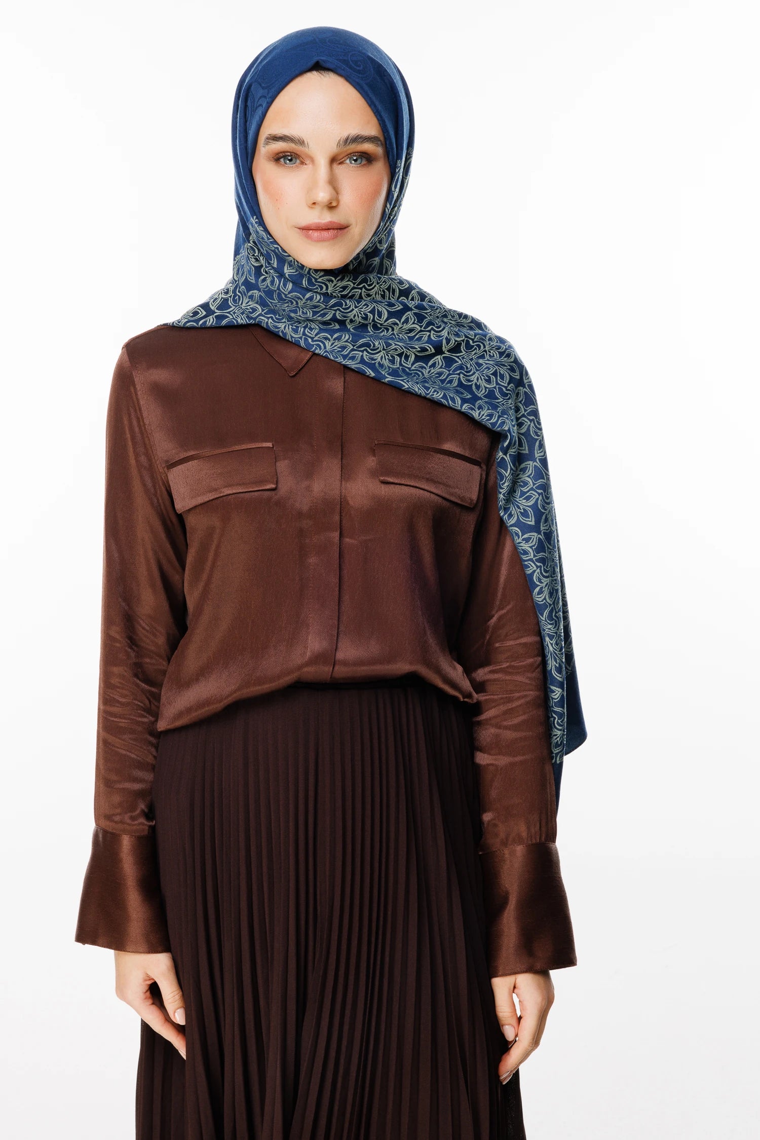 Nora Pattern Double-Sided Scarf - Navy Blue-Aqua Green