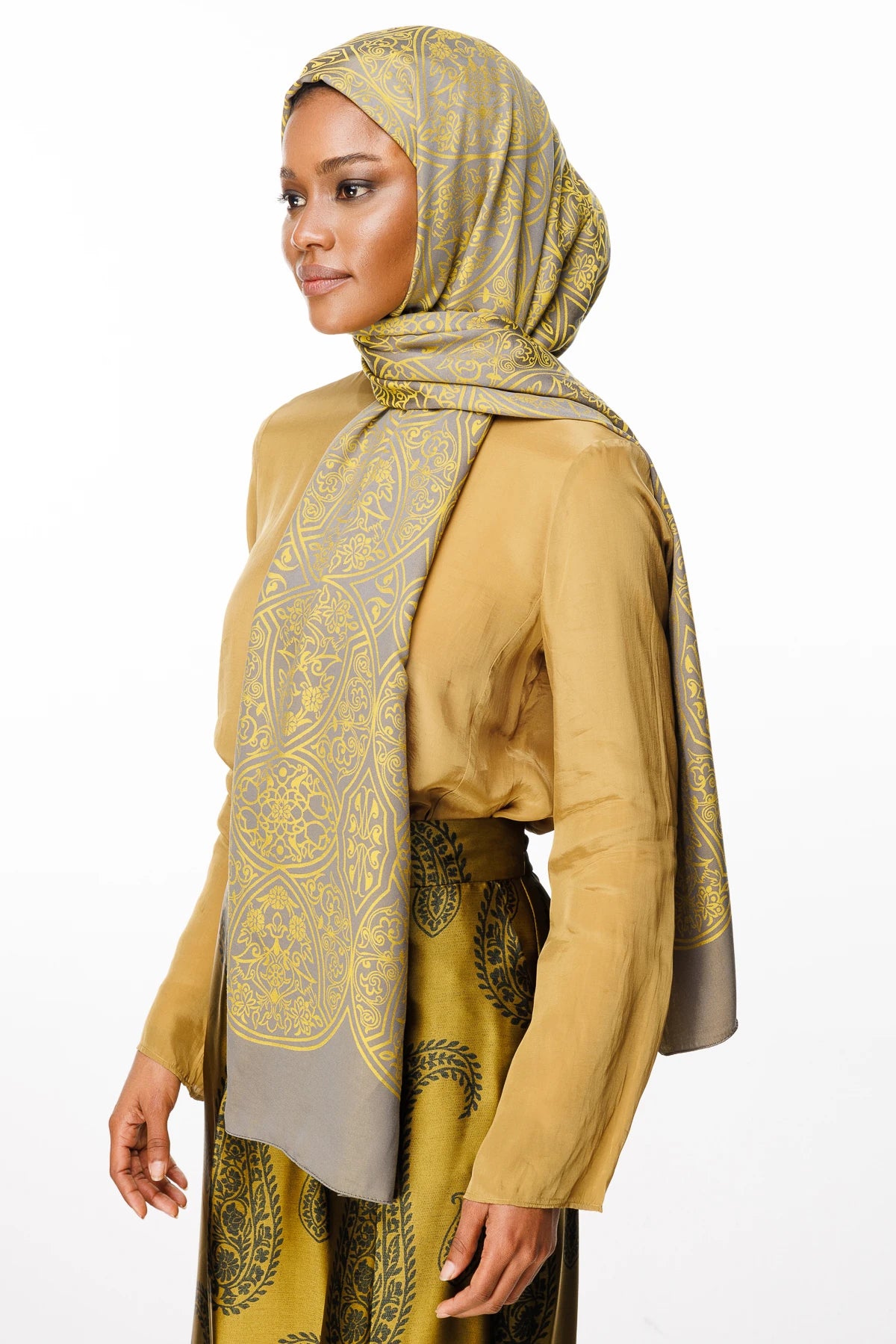 Morocco Pattern Double-Sided Scarf - Dark Grey-Mustard
