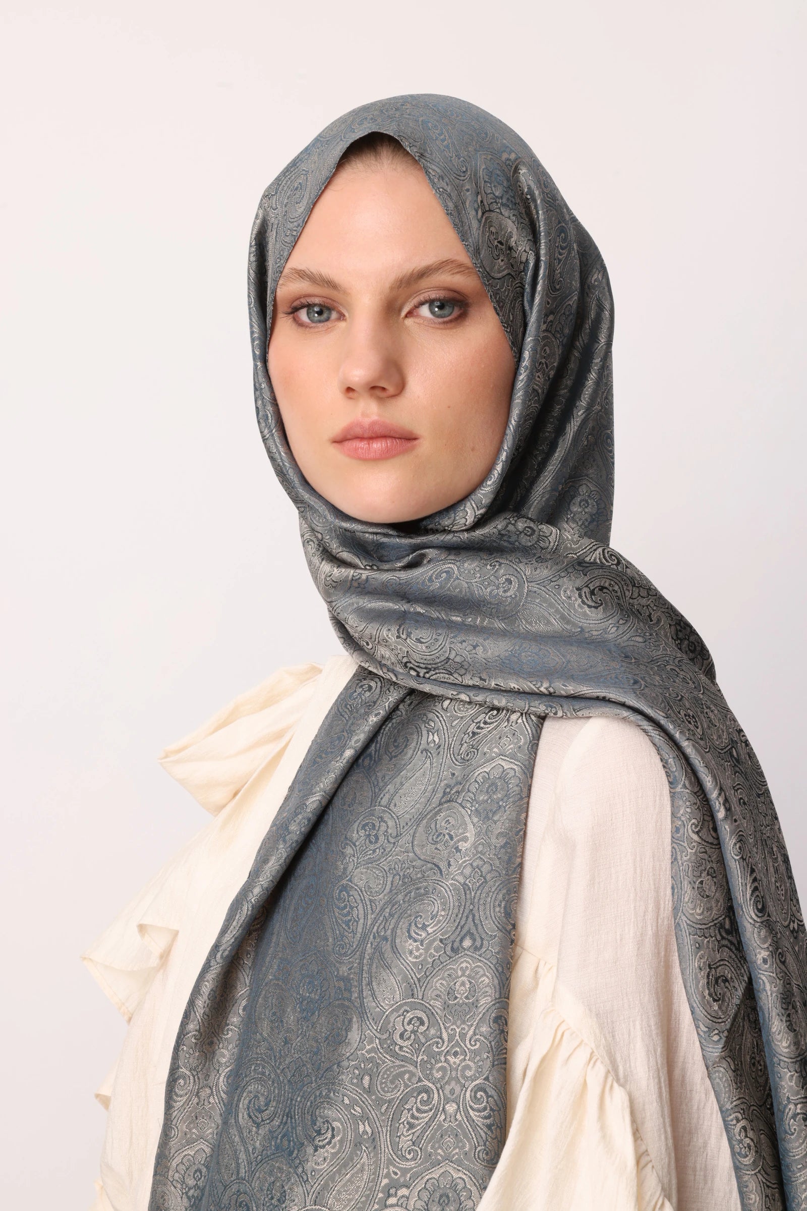 Moren Pattern Shine Line Scarf - Petrol Blue-Beige