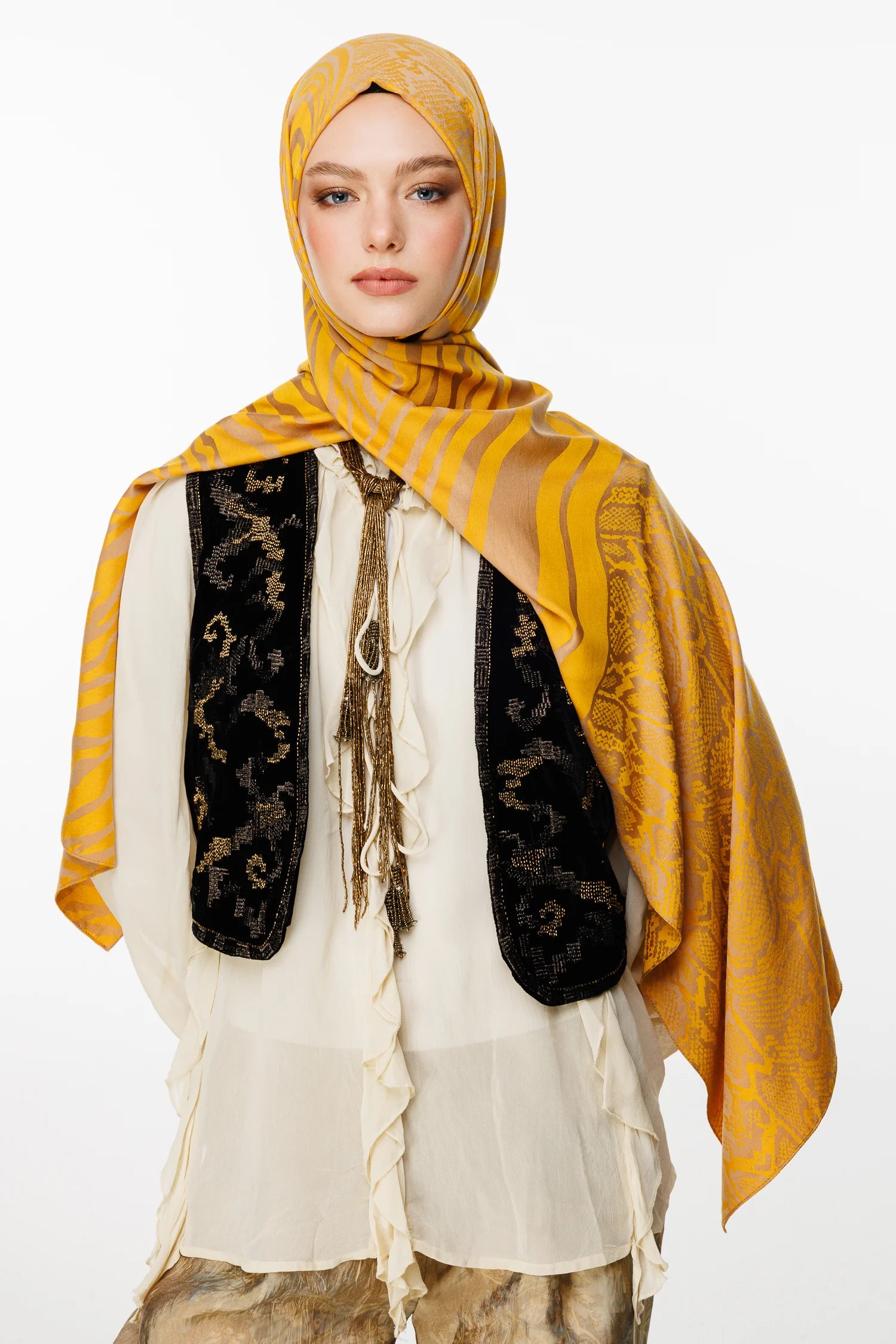Riad Pattern Double-Sided Shawl - Mink-Mustard