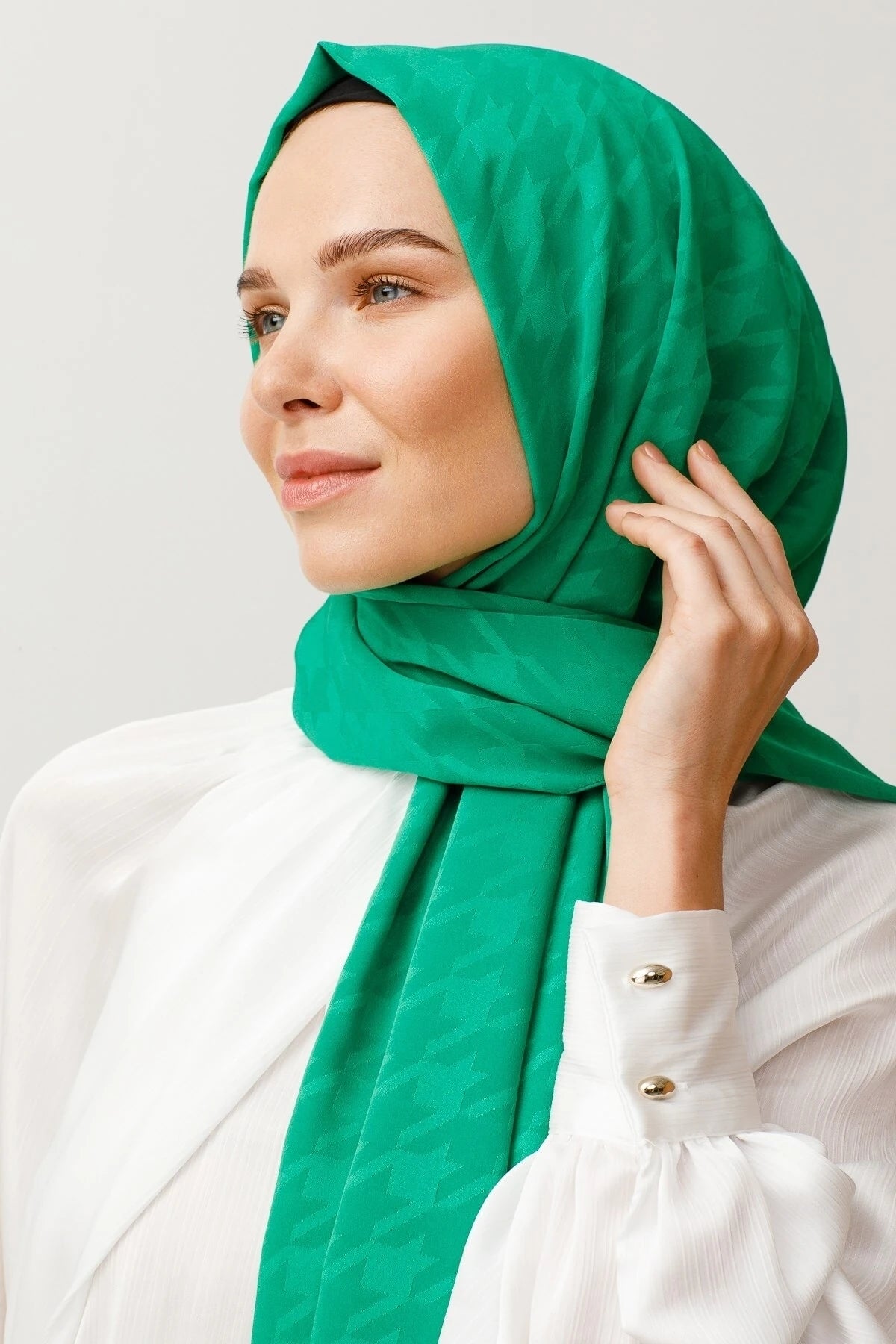 Houndstooth Pattern Silky Jacquard Shawl - Benetton Green