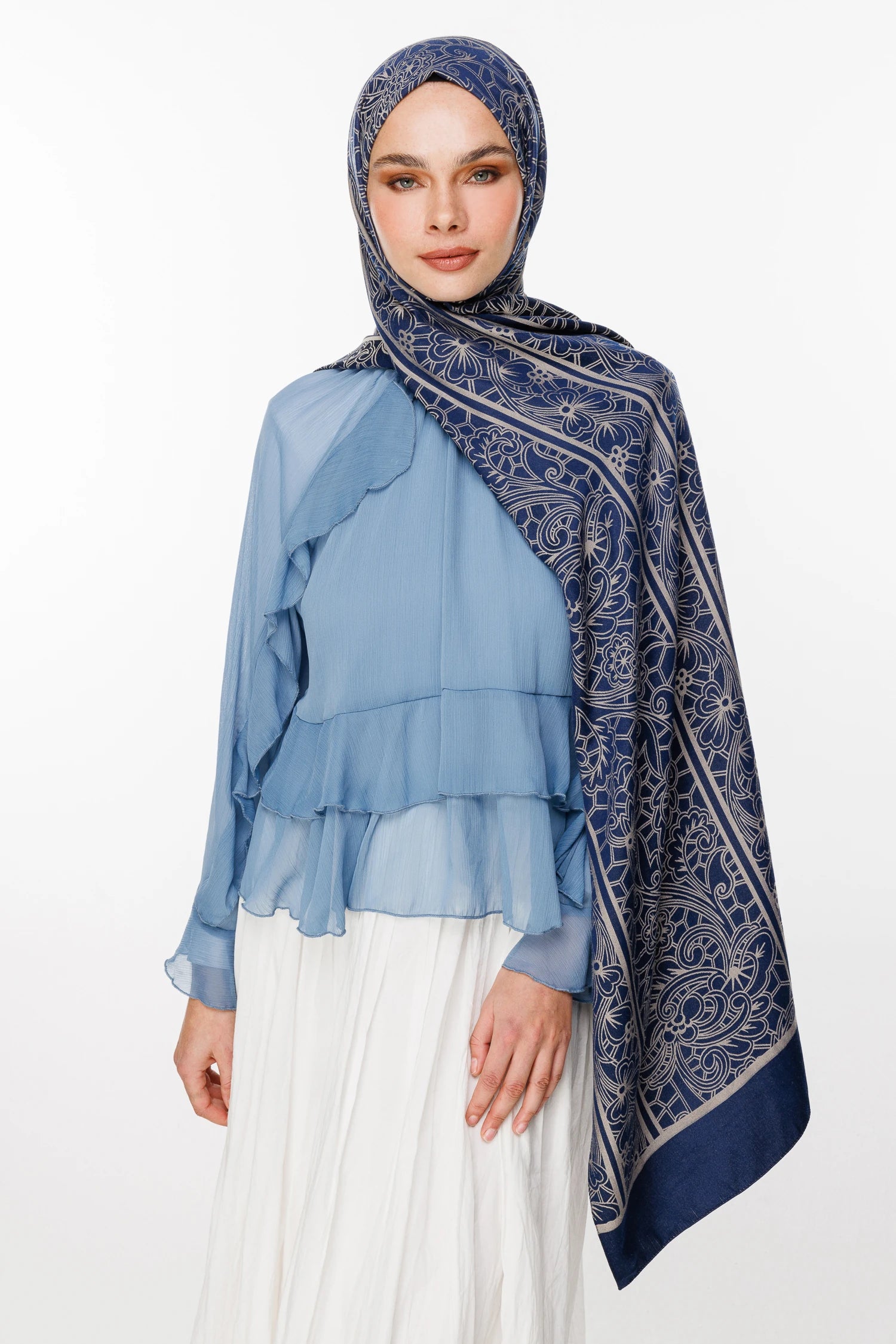 Lavin Pattern Double-Sided Scarf - Navy Blue-Beige
