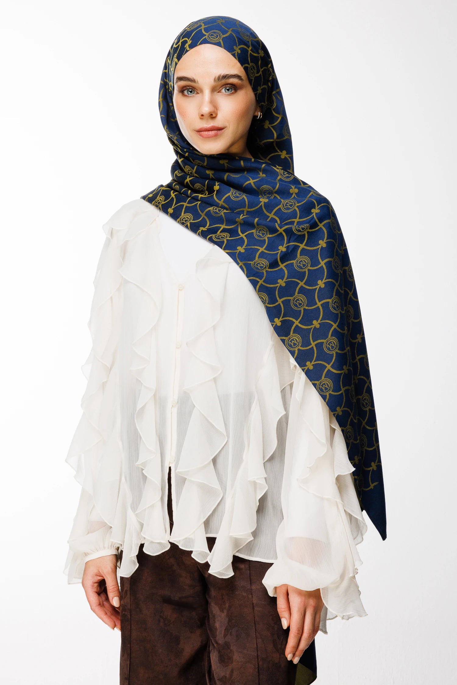 Marrakech Pattern Double-Sided Scarf - Navy Blue-Olive Green