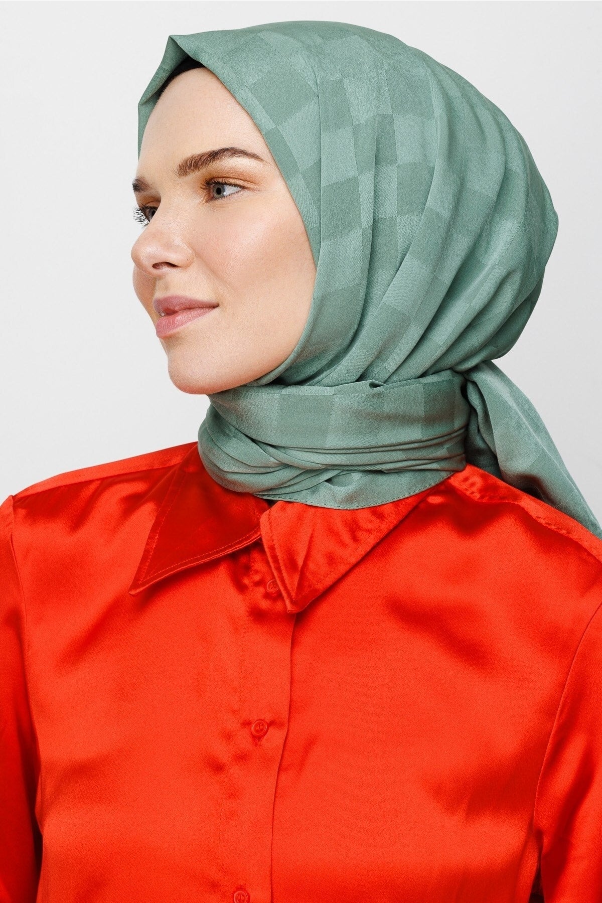 Checkerboard Pattern Silky Jacquard Shawl - Mold Green