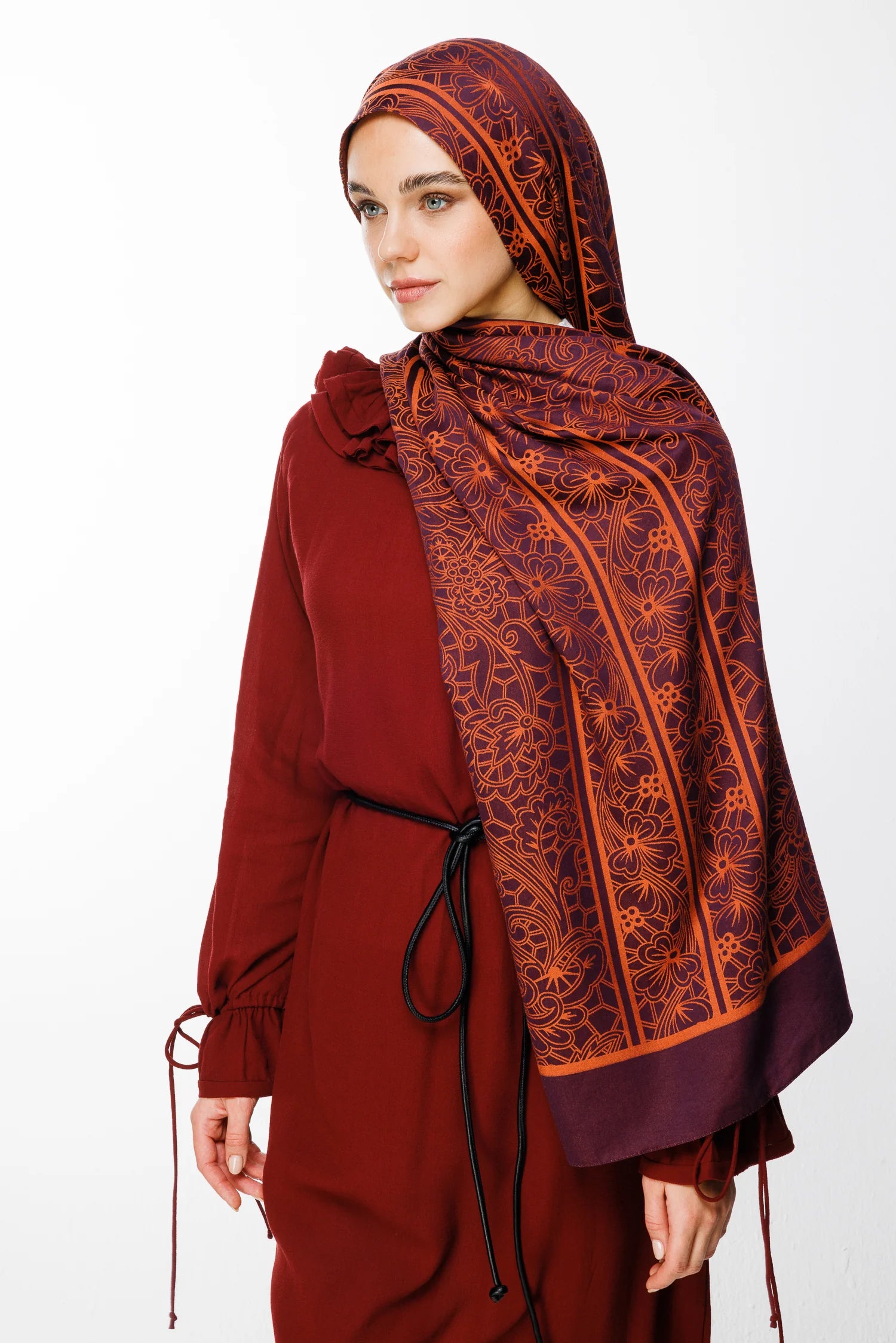 Lavin Pattern Double-Sided Scarf - Purple-Orange