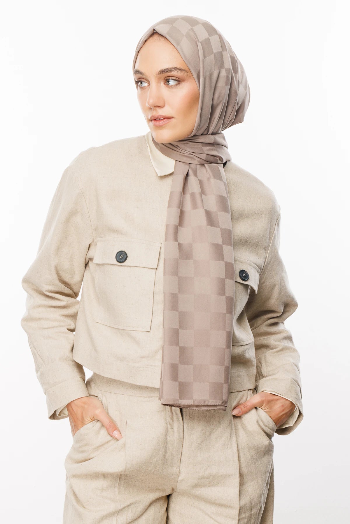 Checkerboard Pattern Silky Jacquard Shawl - Mink