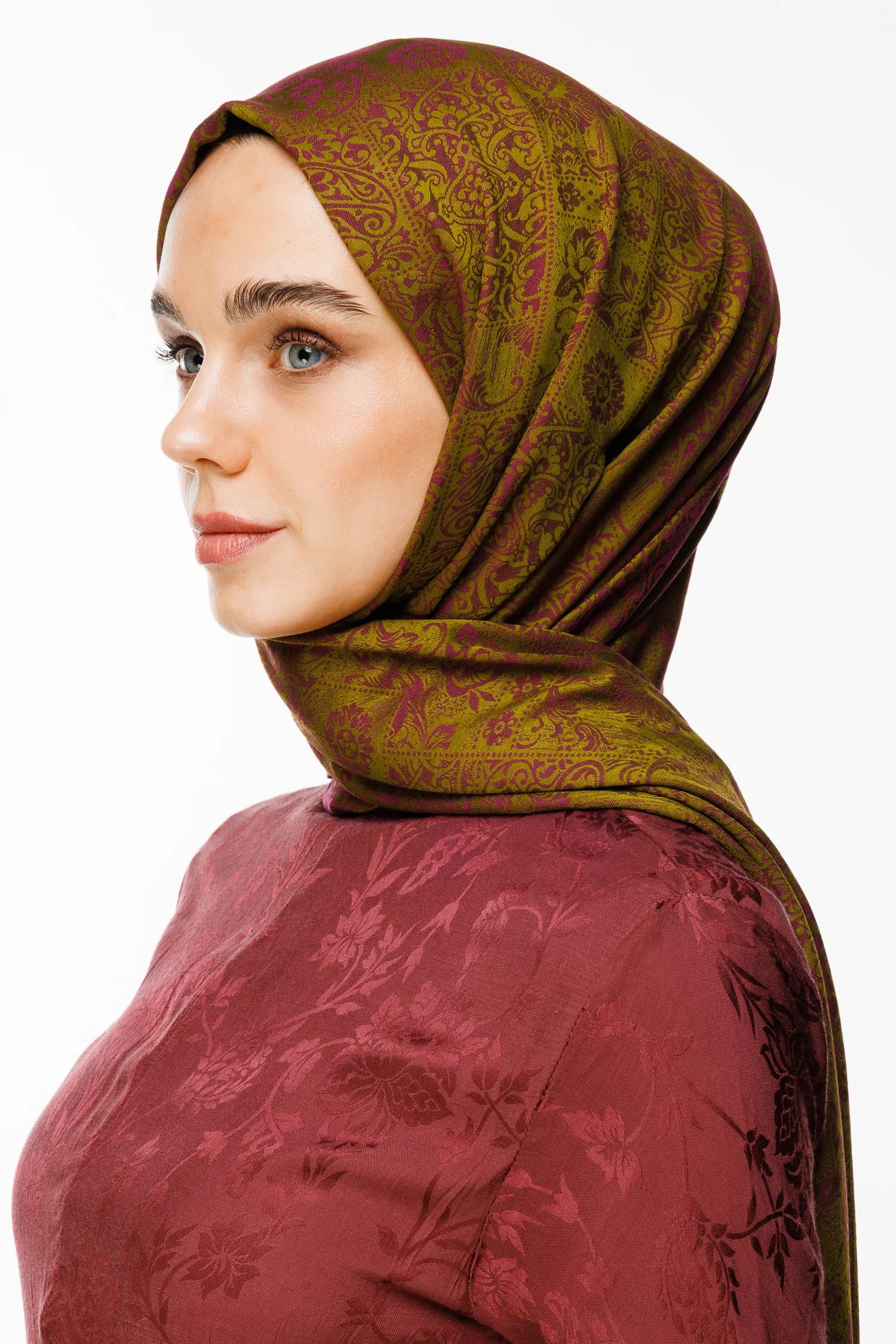 Henna Pattern Double-Sided Scarf - Olive Green-Plum