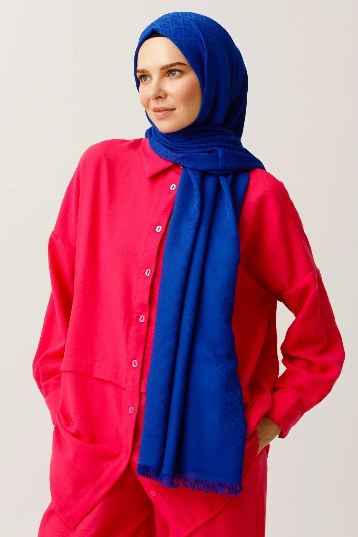 Triangle Pattern Cotton Jacquard Scarf - Saks Blue