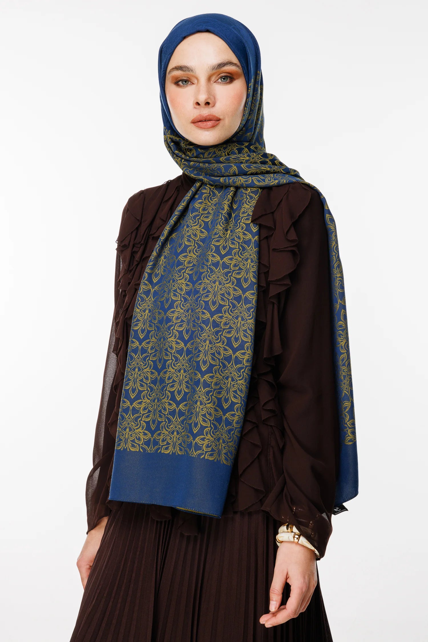 Nora Pattern Double-Sided Scarf - Navy Blue-Olive Green