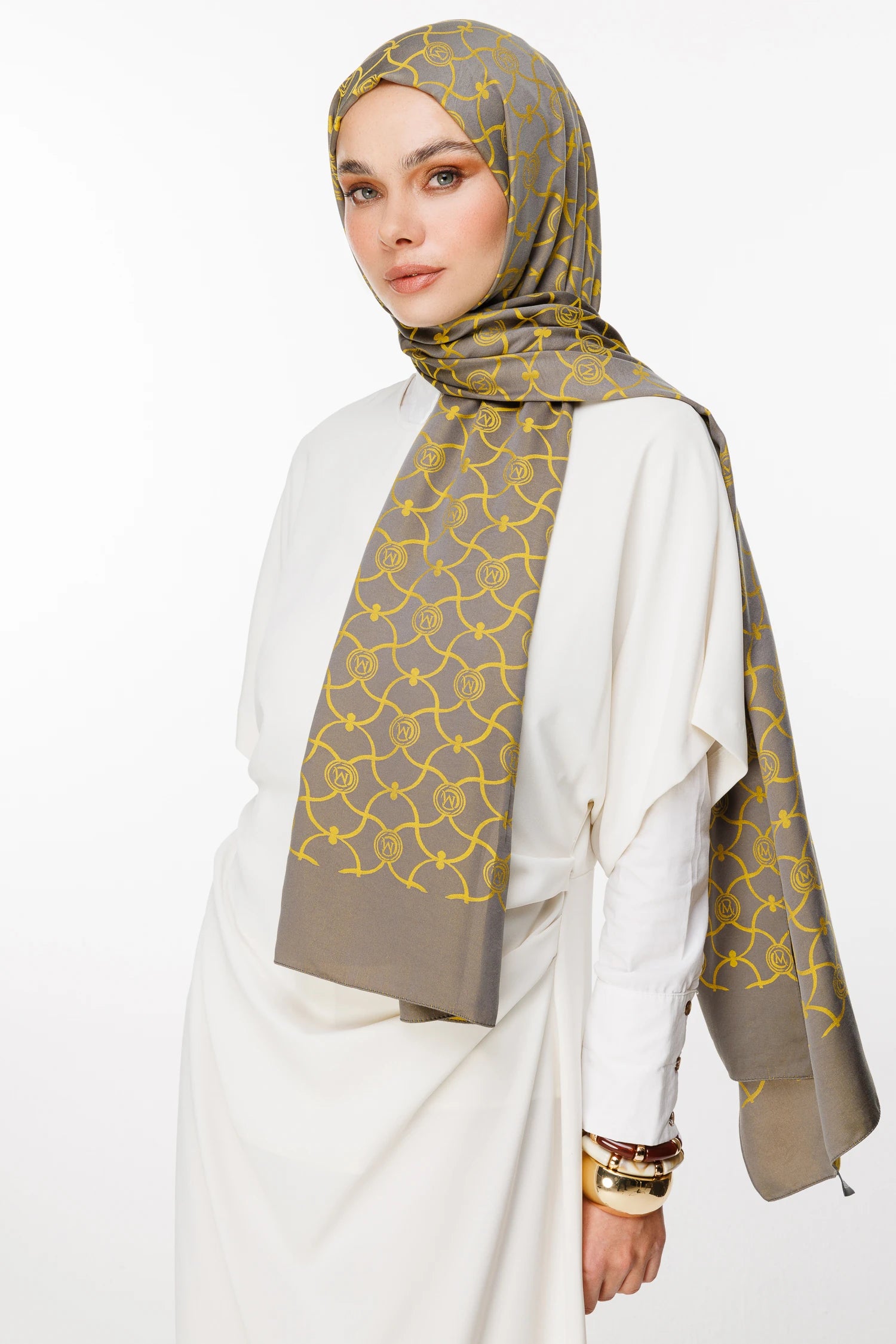 Marrakech Pattern Double-Sided Scarf - Dark Grey-Mustard