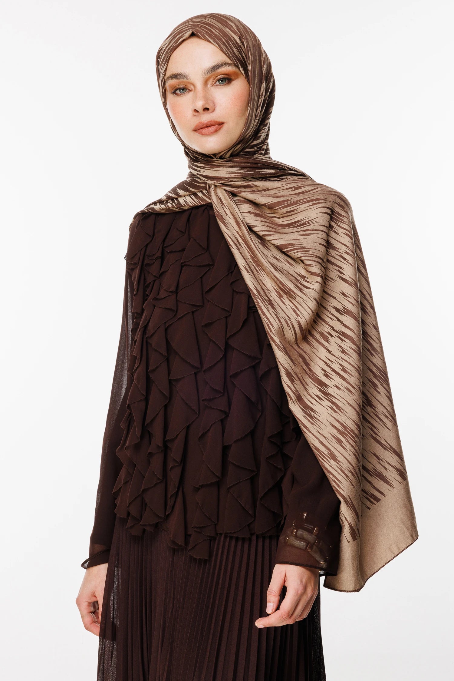 Selis Pattern Double-Sided Scarf - Bitter Coffee-Beige