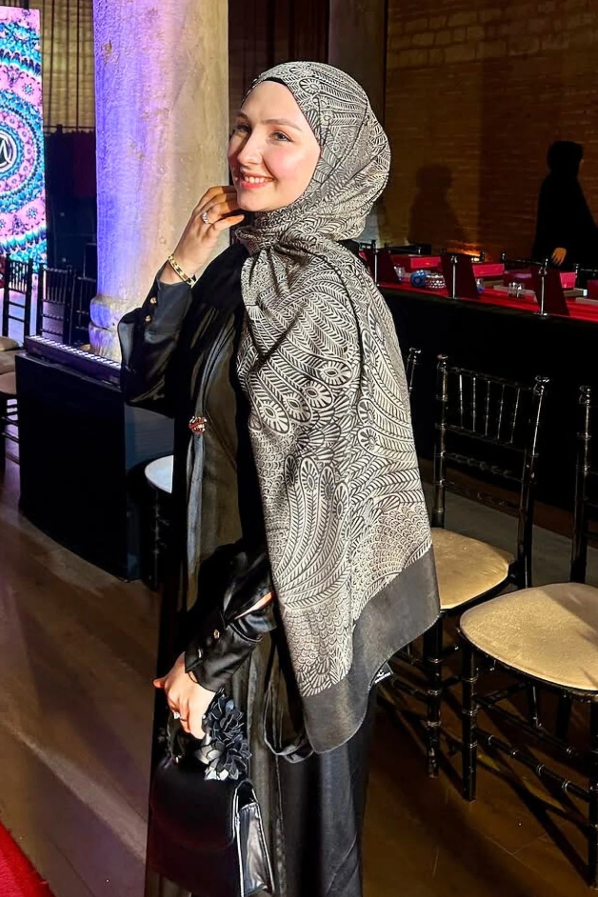Mayra Pattern Double-Sided Scarf - Black-Black