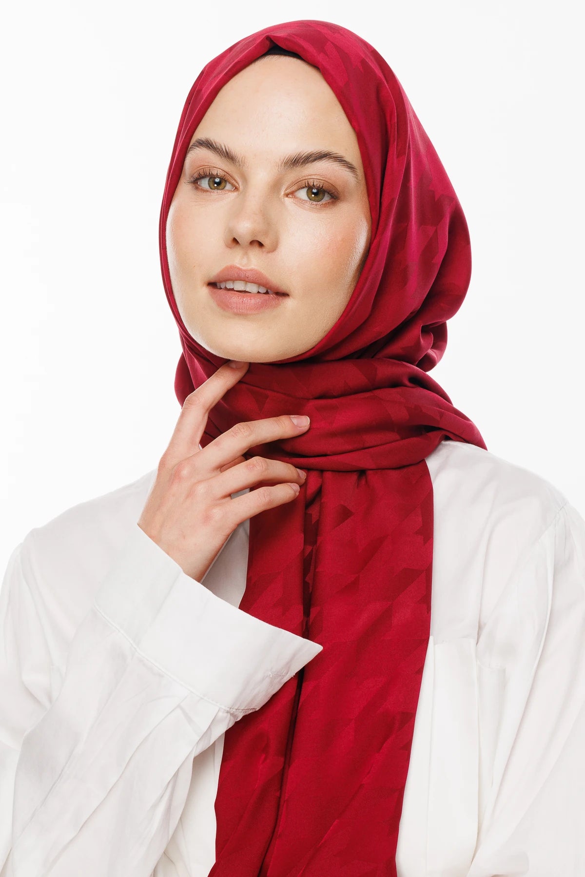 Houndstooth Pattern Silky Jacquard Shawl - Magenta