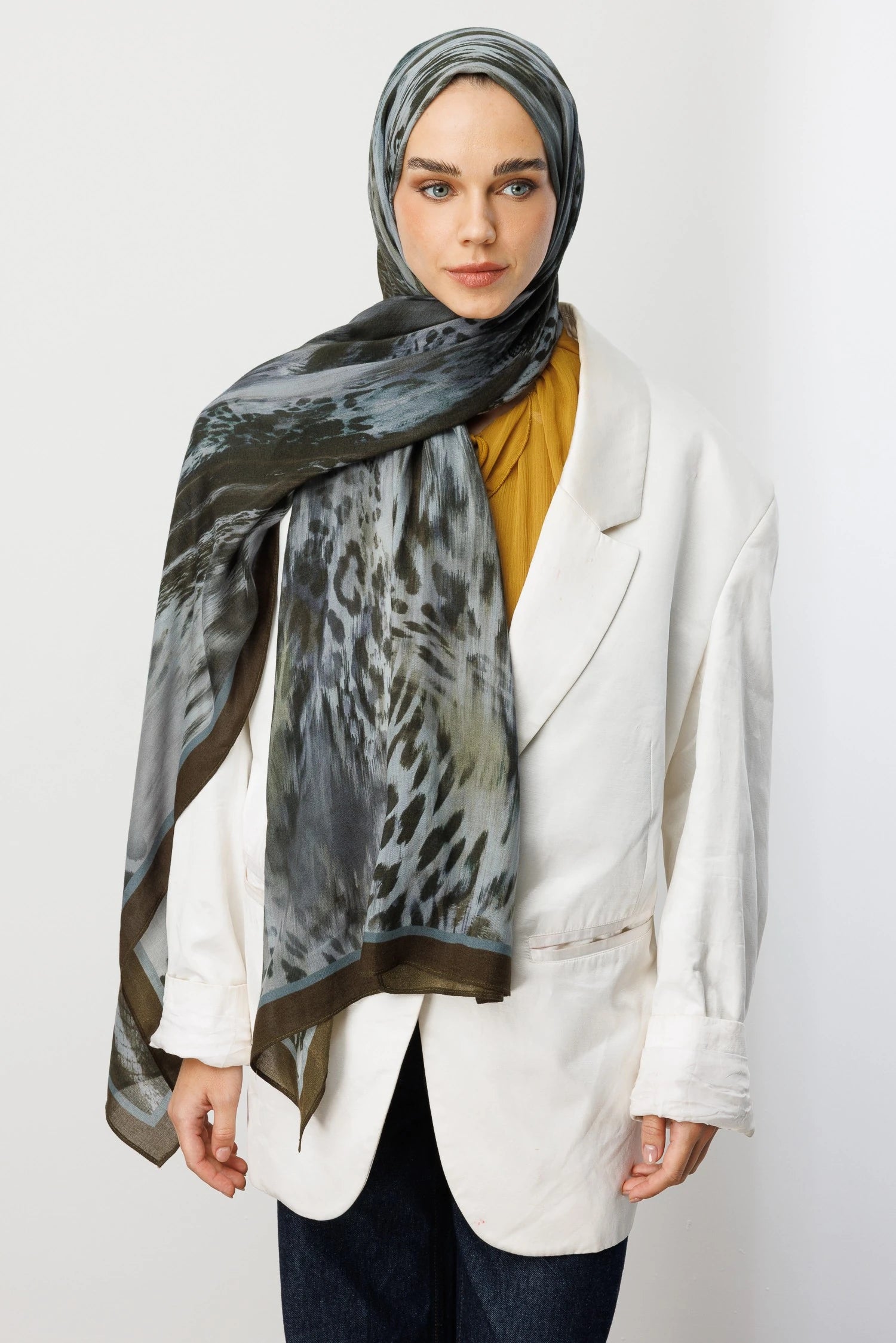 Leopard Print Ramie Scarf - Khaki