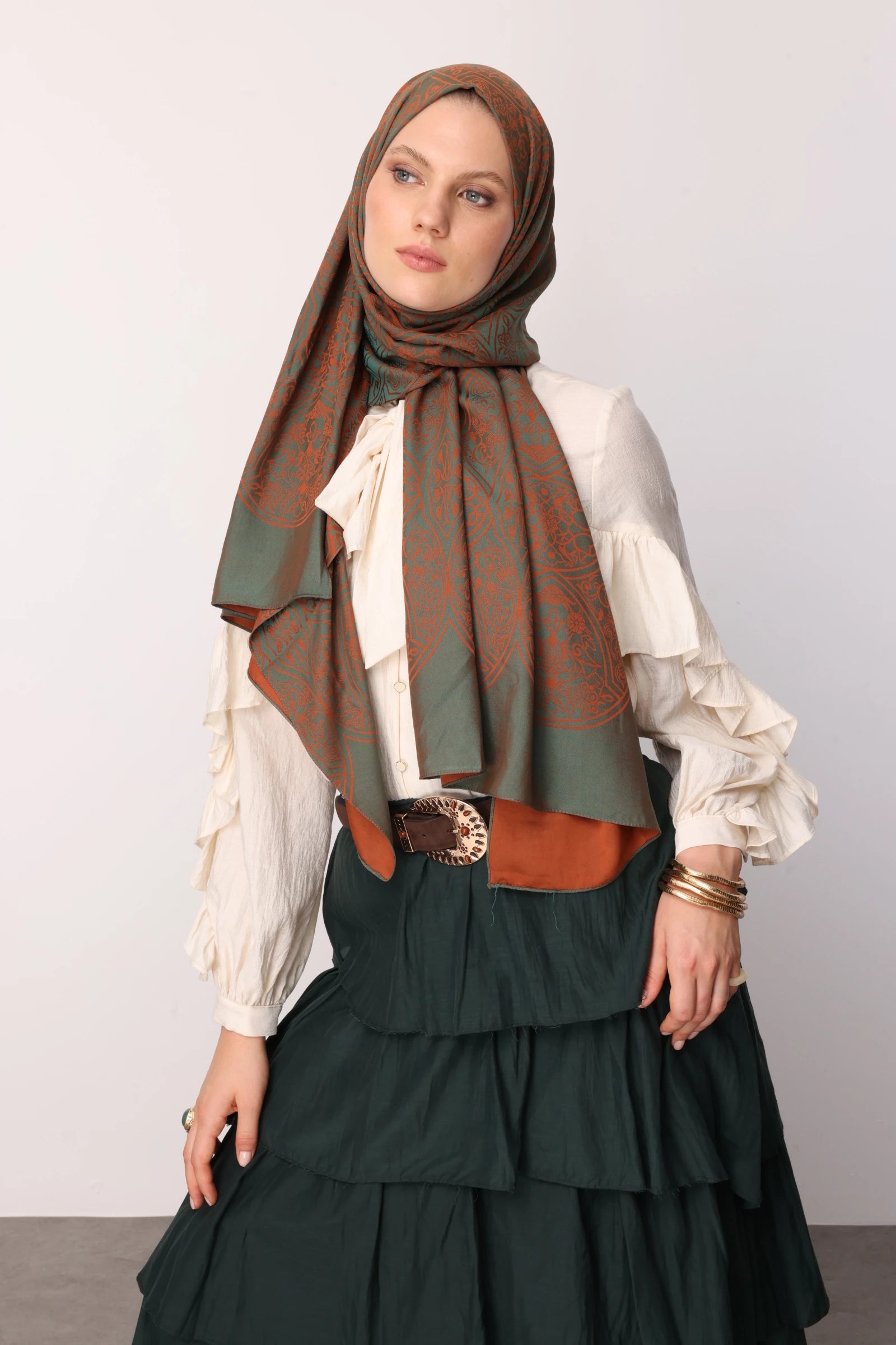Morocco Pattern Double-Sided Scarf - Cinnamon-Emerald