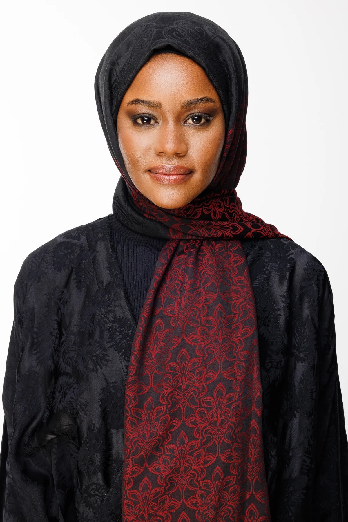 Nora Pattern Double-Sided Scarf - Black-Burgundy