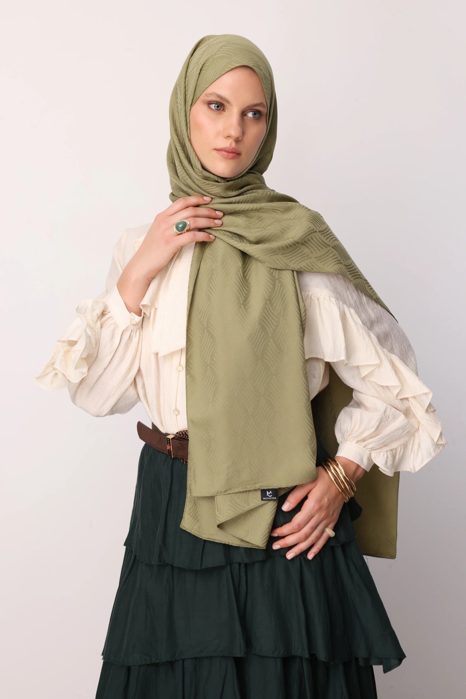Aura Pattern Silky Jacquard Scarf - Soft Green