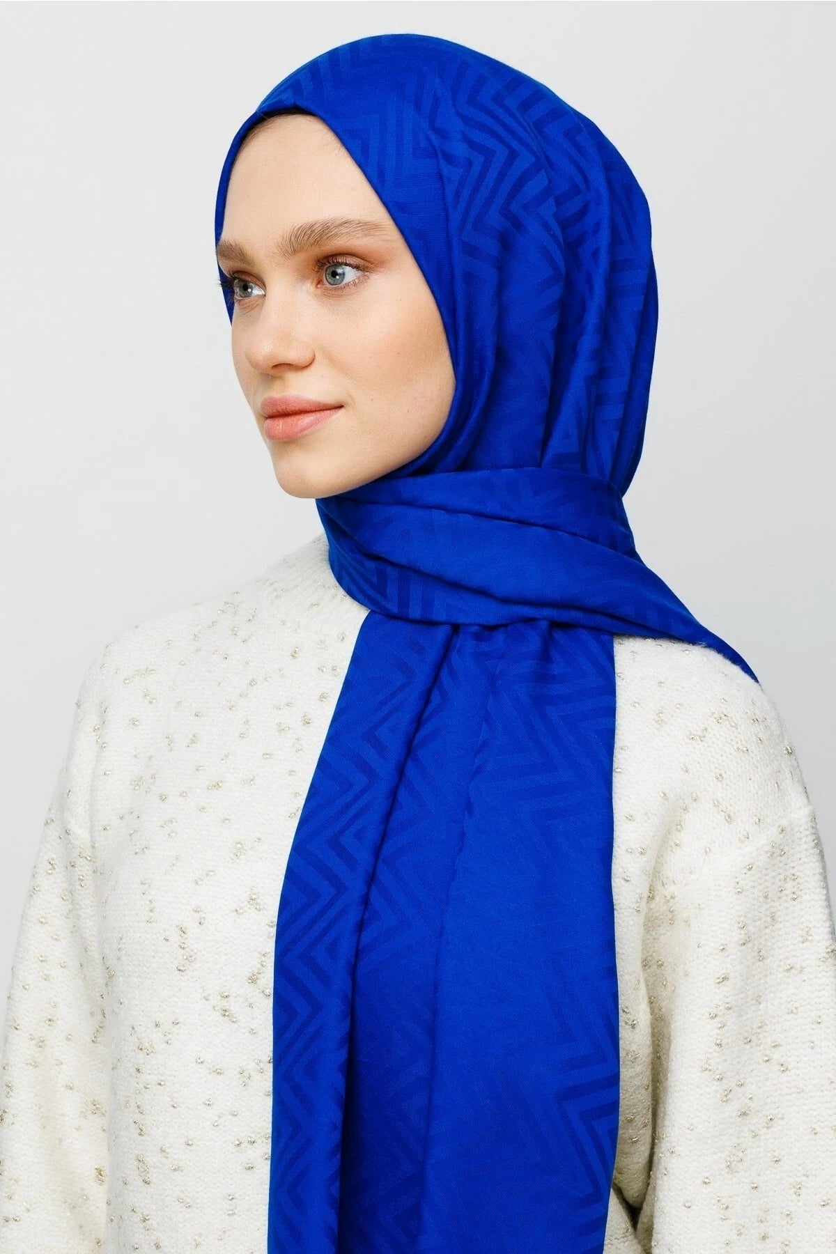 Zigzag Pattern Cotton Jacquard Shawl - Saks Blue