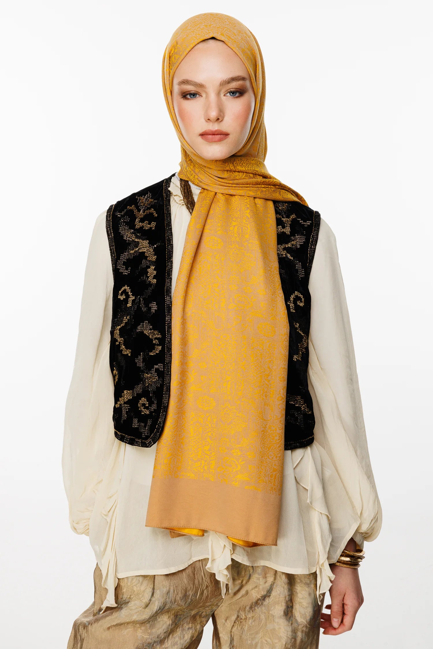 Henna Pattern Double-Sided Scarf - Mink-Mustard
