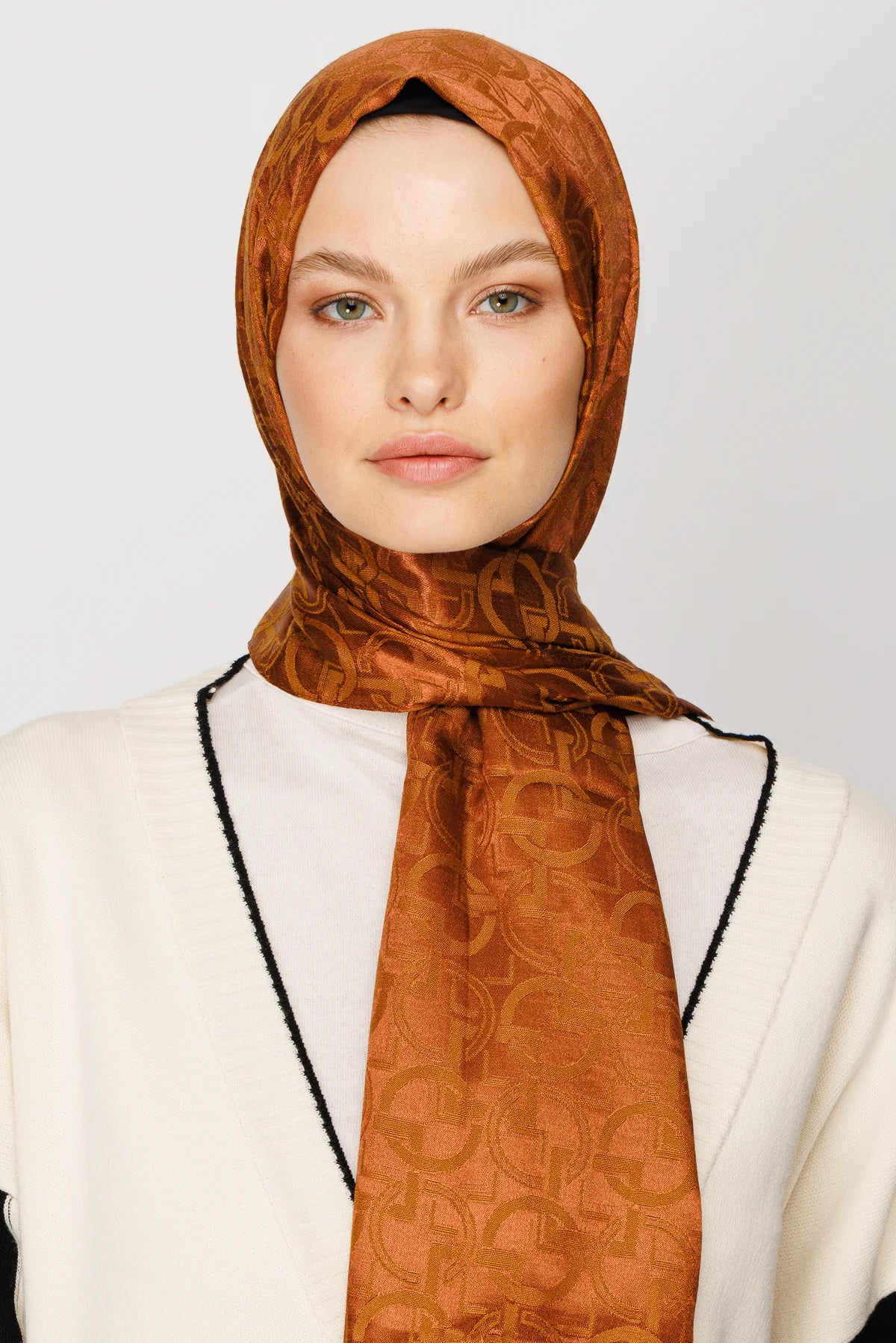 Longar Pattern Shiny Jacquard Scarf - Copper