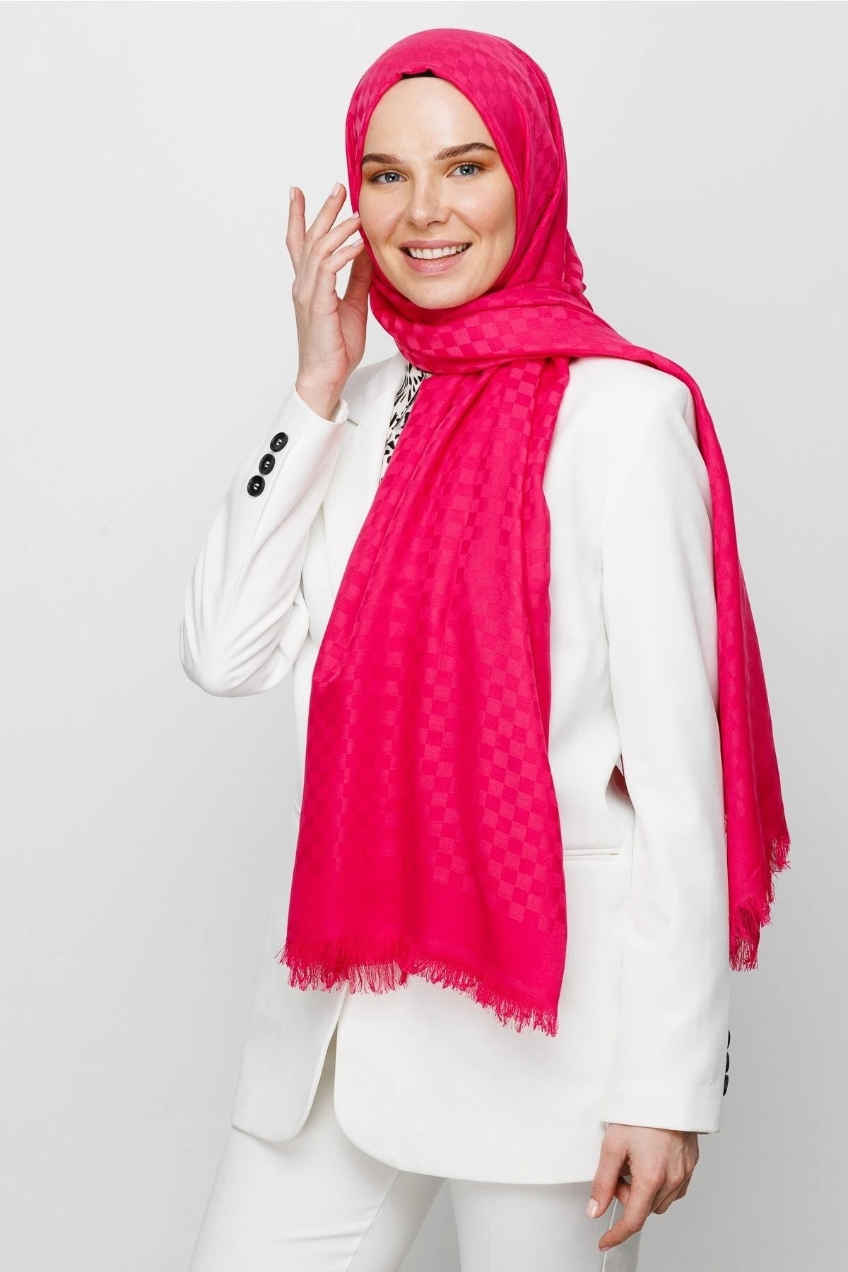 Square Pattern Cotton Jacquard Scarf - Fuchsia
