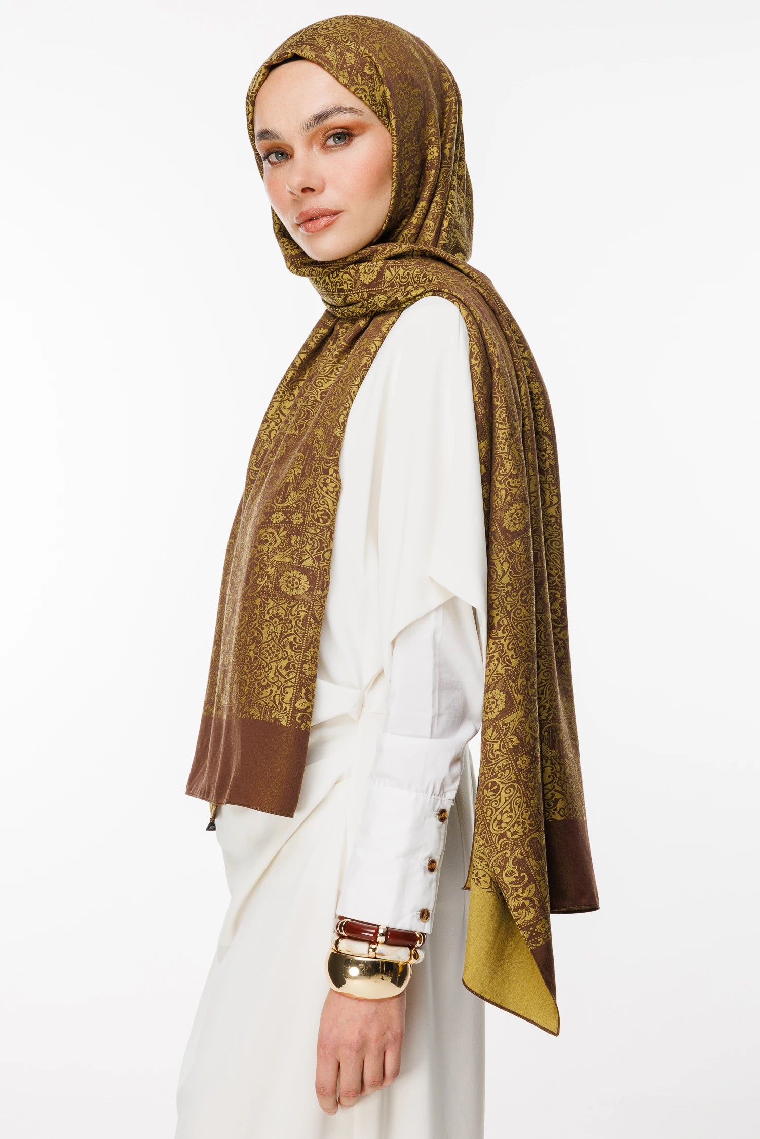 Henna Pattern Double-Sided Scarf - Bitter Coffee-Mustard