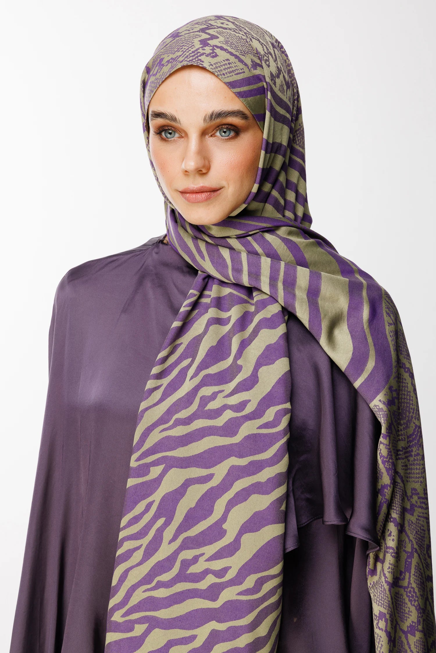 Riad Pattern Double-Sided Shawl - Olive-Purple