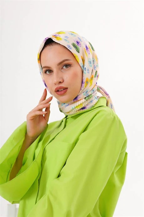 Efsun Pattern Pleated Scarf - Yellow