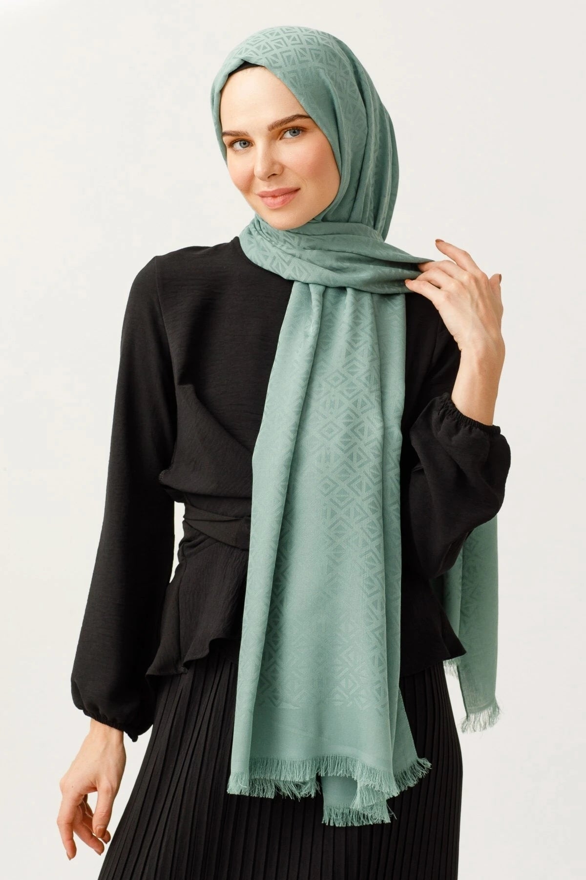 Triangle Pattern Cotton Jacquard Scarf - Mold Green
