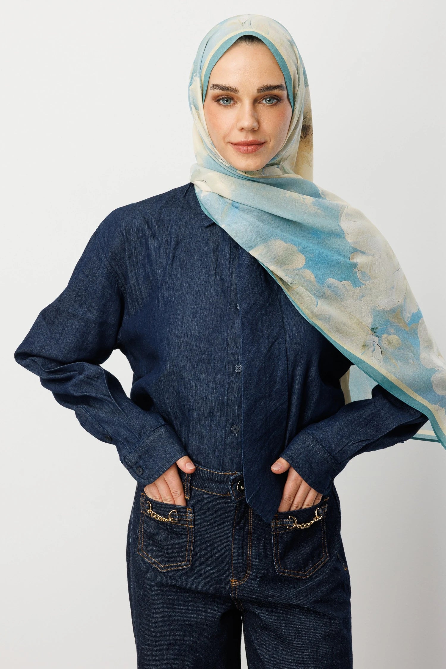 Rose Pattern Hebei Silk Scarf - Baby Blue