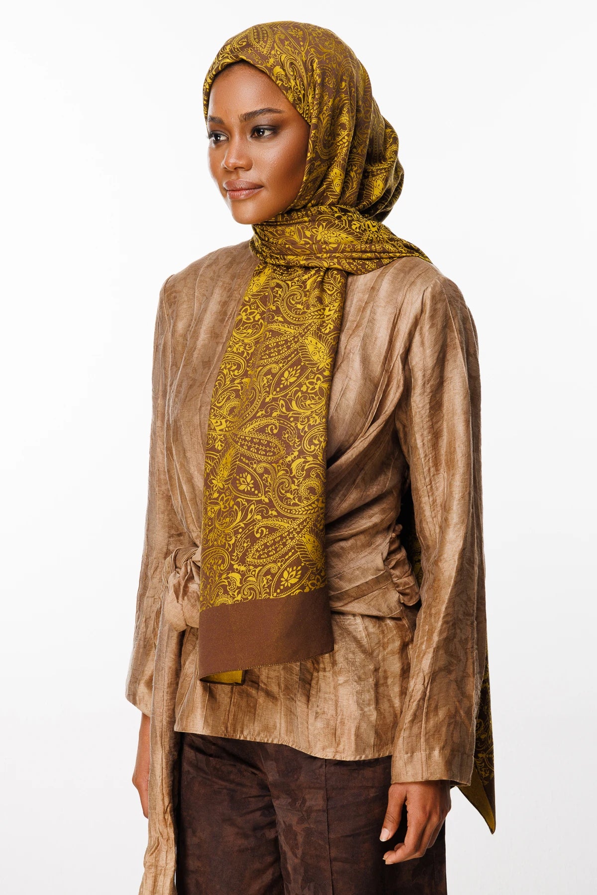 Velora Pattern Double-Sided Scarf - Bitter Coffee-Mustard