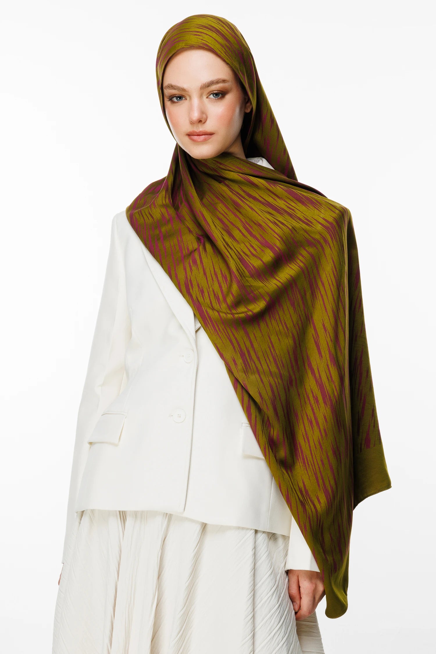 Selis Pattern Double-Sided Scarf - Olive Green-Plum