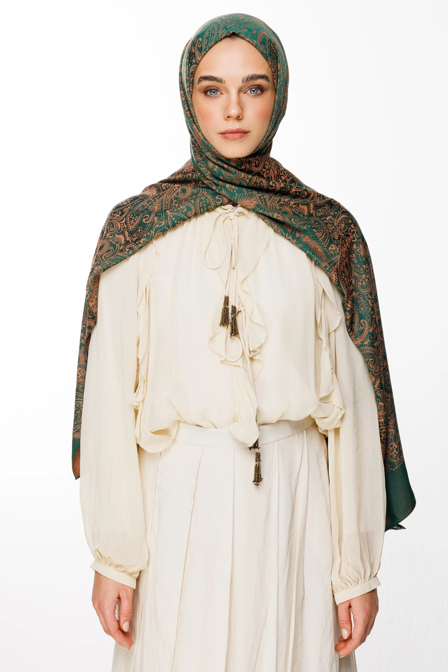 Velora Pattern Double-Sided Scarf - Emerald-Apricot
