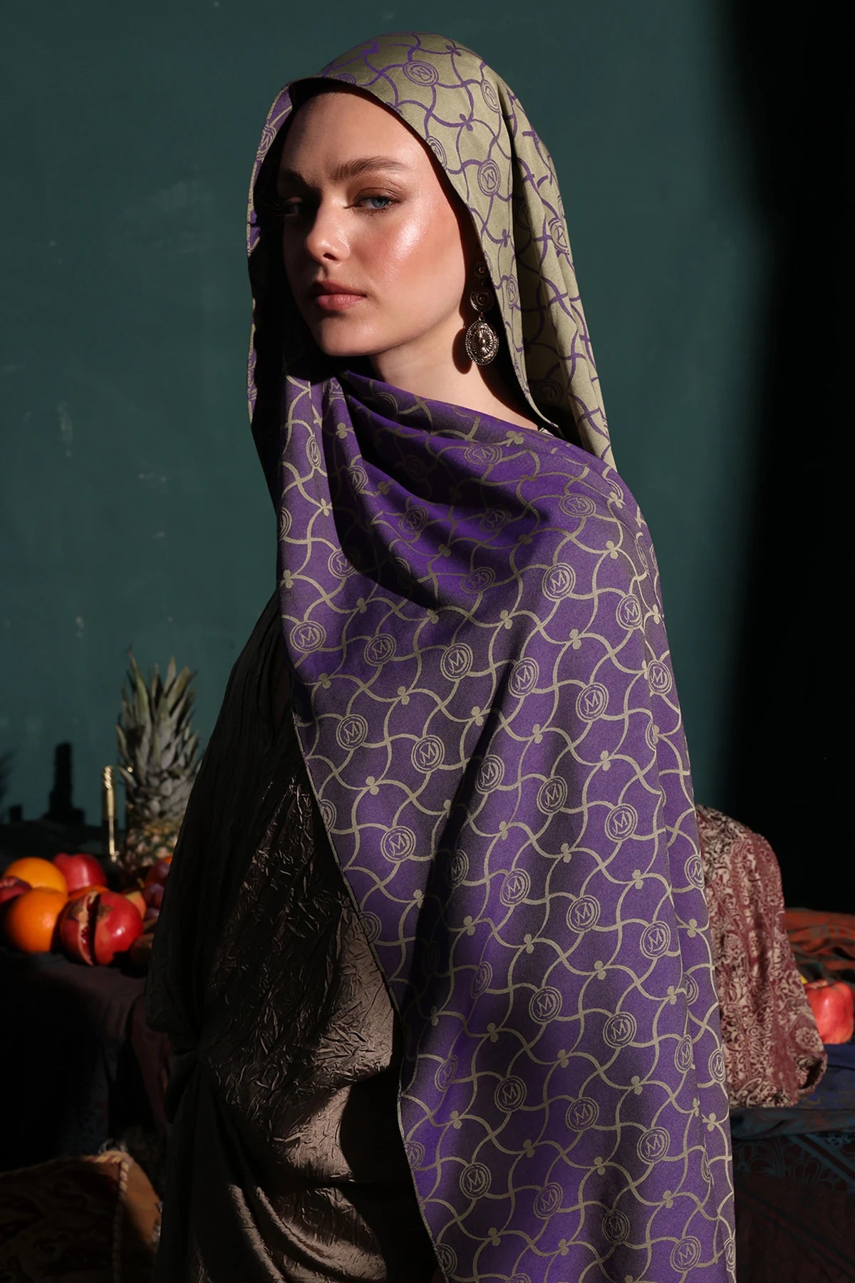 Marrakech Pattern Double-Sided Scarf - Olive-Purple