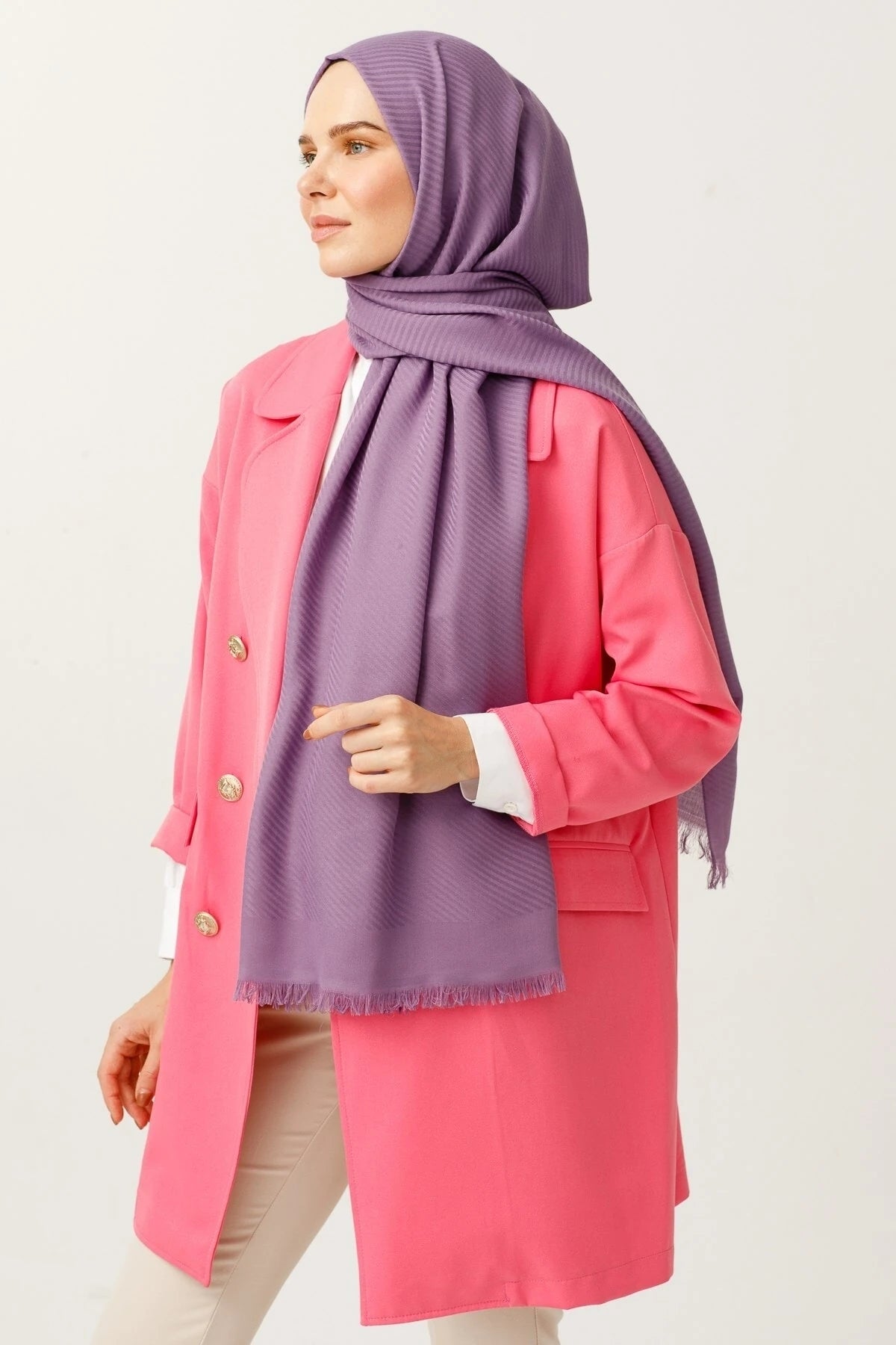 Striped Pattern Cotton Jacquard Scarf - Lavender