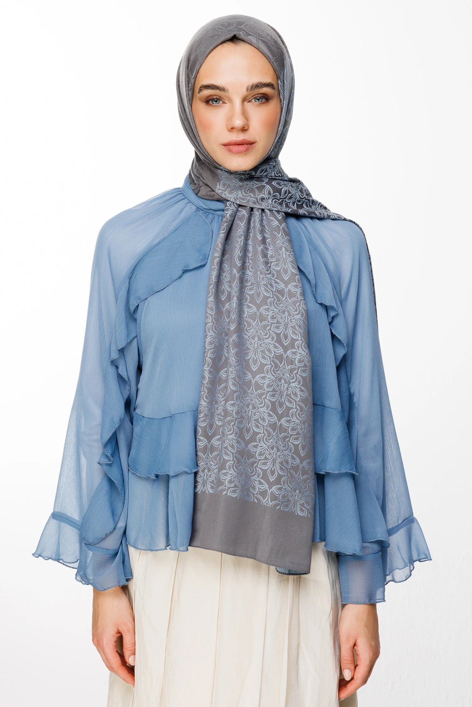 Nora Pattern Double-Sided Scarf - Dark Gray-Light Blue