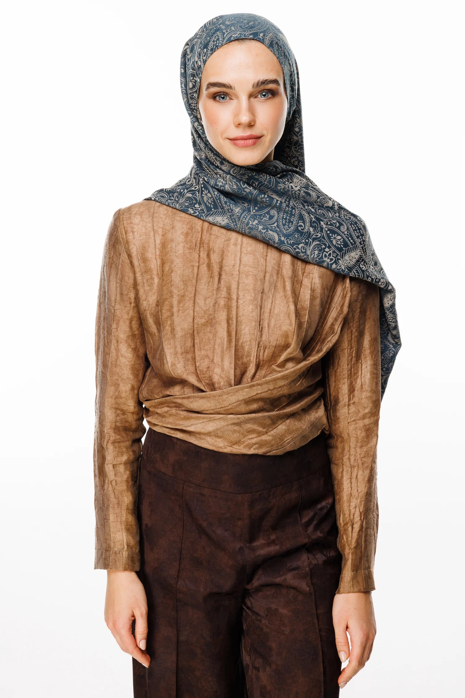 Velora Pattern Double-Sided Scarf - Petrol Blue-Beige